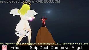 demon rips angels clothes in hot lesbian strip duel