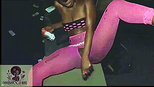 Horny ebony squirts pussy rubbing at bar till clothes rip