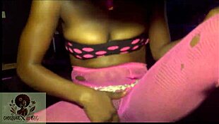 Horny ebony squirts pussy rubbing at bar till clothes rip