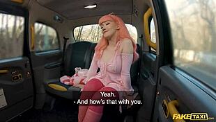 Pink haired babe hops in fake taxi for bent over doggy cowgirl ride ending pussy creampie pov.