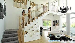 lesbian babe rides strapon deep before squirting wildly in extreme closeup action