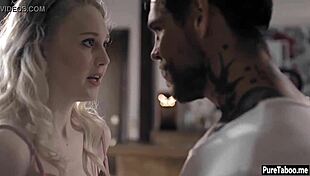 Nervous tiny blonde teen loses virginity to older guy's monster cock on camera