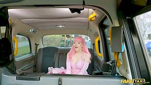 Pink haired babe hops in fake taxi for bent over doggy cowgirl ride ending pussy creampie pov.