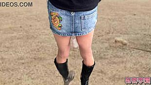 Miniskirt boots slut climaxes hard on outdoor anal vibrator