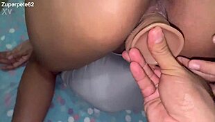 neighbor slut stuffs huge dildo deep in her big ebony pussy close up