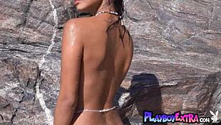 flexy latina carolina reyes strips nude beach pose natural tits petite