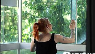 damn this horny redhead cleaning lady in fishnets and stockings couldn't hide how bad she wanted my cock deep inside her riding me cowgirl style