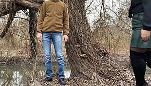 mother-in-law grabs my dick tight while i pee outside in the woods ughh