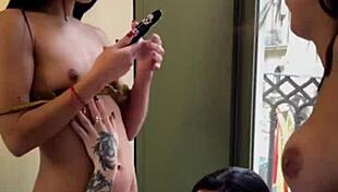 lesbian brunettes squirt dildo masturbation threesome faces