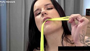 innocent puffy pussy lips spread wide by dildo masturbation wet tits solo