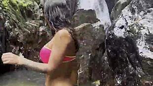 monika fox pink top yellow shorts strips jungle waterfalls nude