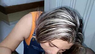 Blonde sucks cock until massive cum explosion in mouth