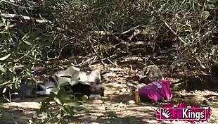 Petite long-haired Spanish brunette Briseida rips clothes for rough outdoor group bangs on countryside trips