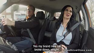 Pierced British milf examiner gets her cunt pounded in car by student