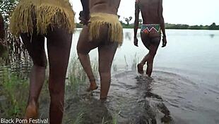 three african beauties lick each other's wet pussies outdoors