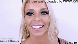 blonde classic beauty swallows cum after sofa fuck at modeling audition