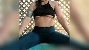 curvy pierced milf slut rams fat dildo deep in shaved pussy outdoors for voyeur orgasm