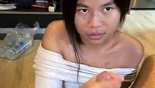 petite asian teen 18+ sucks cock close-up swallows huge cum load