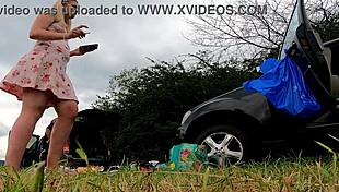 Redhead flashes no panties pussy in short dress miniskirt outdoor try-on