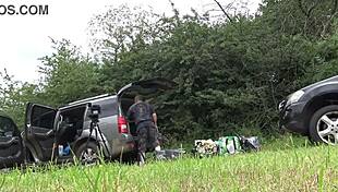 Redhead flashes no panties pussy in short dress miniskirt outdoor try-on