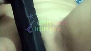 Hot Latina Amateur Shoves Black Dildo Deep in Her Tight Pussy on Bed