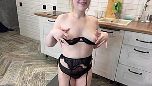 blonde babe parades lingerie before getting bent over and rammed deep in pov