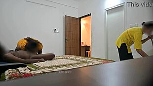 Indian couple fucks missionary hard in front of watching muslim maid jamila during cleaning