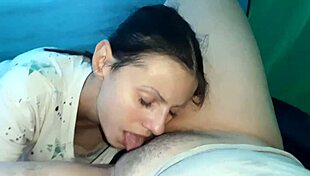 lesbian duo hides in rainy tent for wet pussy licks