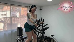 alone in gym this latina milf pleasures pussy with huge toy