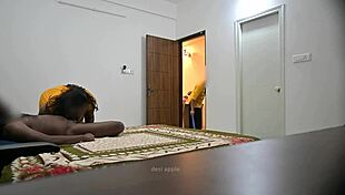 Indian couple fucks missionary hard in front of watching muslim maid jamila during cleaning