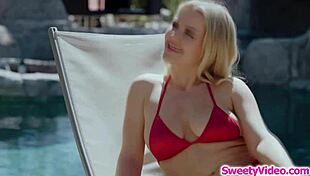 lesbian teen sneaks licks on busty stepmom's hairy pussy