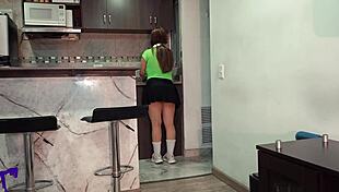 latina milf stepmom in tight gym outfit rides my big cock hard then gulps cumshot with her huge tits bouncing