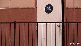 blonde teen nympho sucks big black cock through glory hole in public toilet