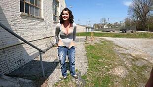 Humiliated housewife flashes huge ass under miniskirt in public pantsing outdoor exposure