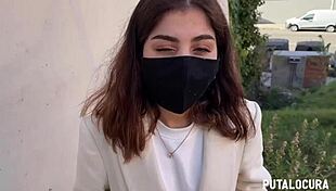 Putalocura's hot latina marina gold caught on street, drops to suck cock then rides mature stud.