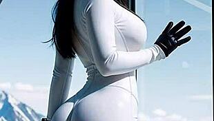 Leather-clad brunette with big tits gets fucked publicly in car at ski resort?