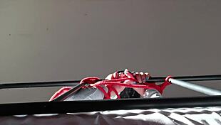 Bound hooded sub throats cock moaning spit