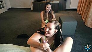 Asian babe spies on couple's hardcore fuck then begs to join their big cock threesome!