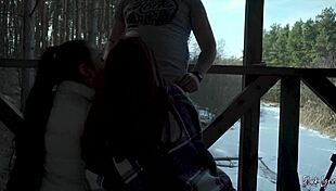 Public vacation threesome where we suck his huge cock together