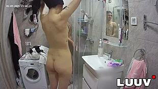 luuv's webcam couple flashes shaved pussies in steamy shower thrill