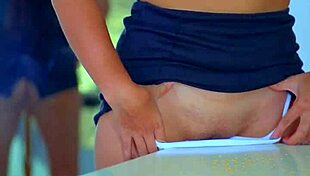 table corner slides deep into hot pussy for intense fun