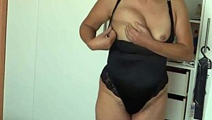 58-year-old latina stepmom masturbates in lingerie for maid's son cum on tits