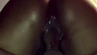 ebony babe rides big black cock cowgirl creampie keeps bouncing cum covered