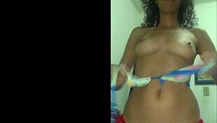 brunette latina wife teases her shaved tight pussy and small waist in red bikini flashing homemade