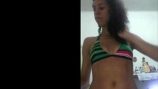 brunette latina wife teases her shaved tight pussy and small waist in red bikini flashing homemade
