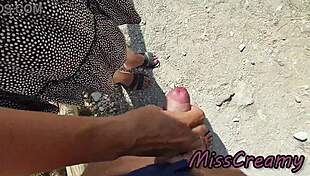 French milf misscreamy gives amateur blowjob on nude greece beach to stranger cumshot
