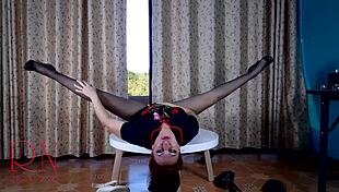 nice lady in pantyhose heels strips at round table