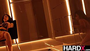 busty brunette babe legs shake wildly from clit fingering orgasm by hot lesbian